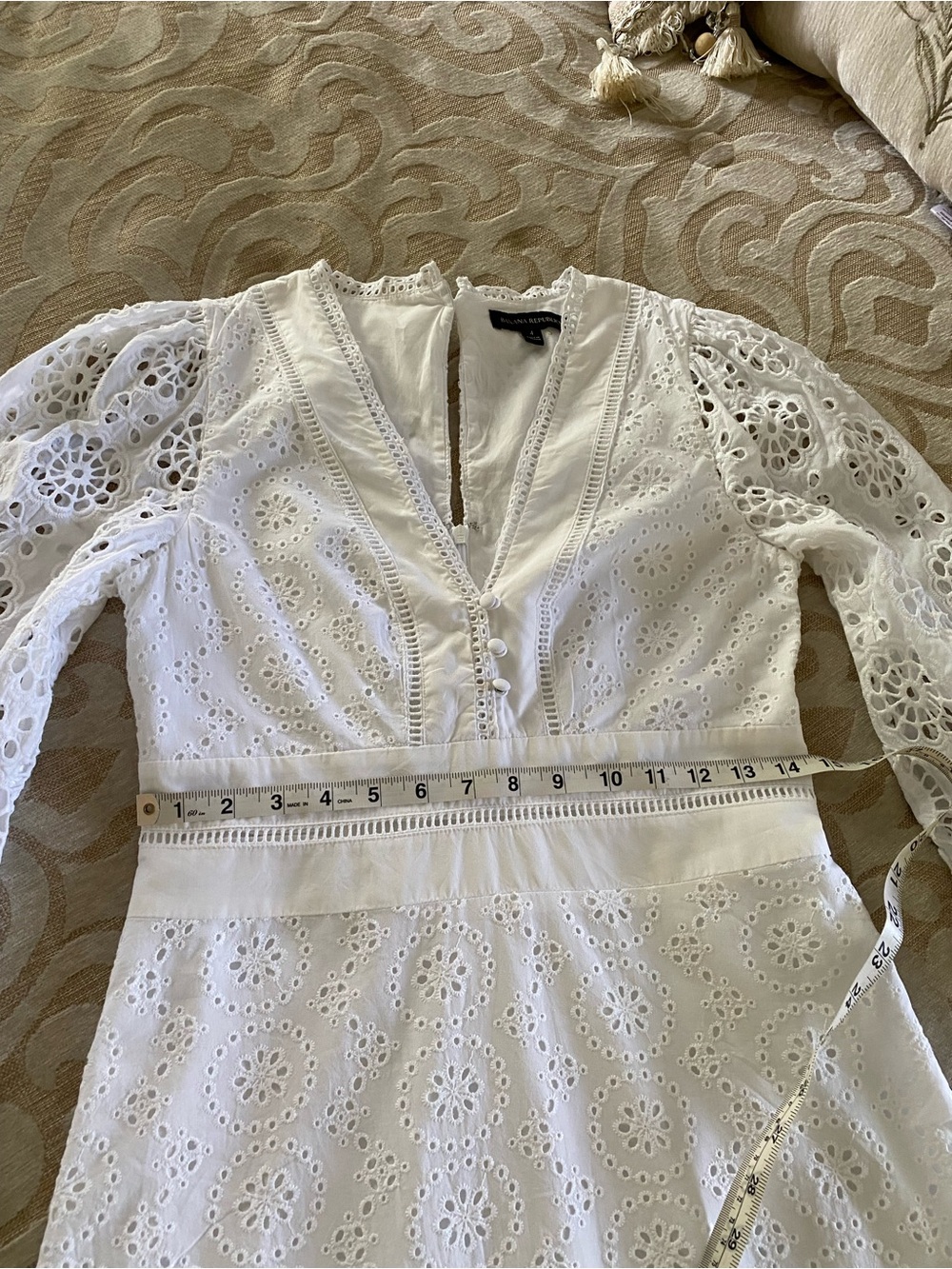 Banana Republic White Eyelet Lace Dress Size 4 Puff Sleeve Lined Fit & Flare - Picture 7 of 16